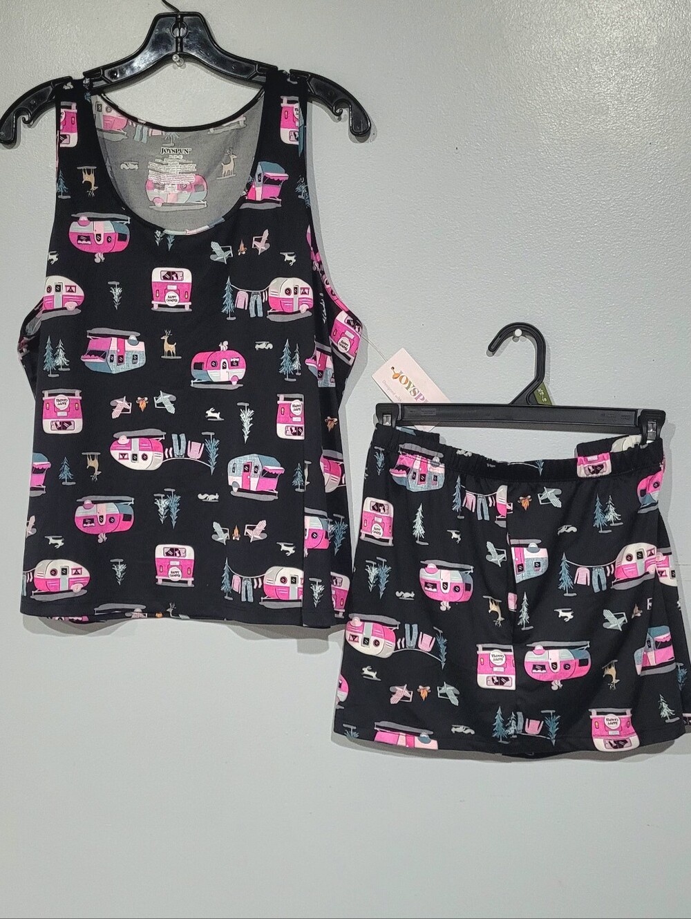 Joyspun Happy Camper Womens Tank Top and Shorts Black Pink Graphic Plus 16/18 XL